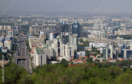 Almaty  Kazakhstan - August 24  2019  View over the skyline of Almaty with slight smog clouds over the city.