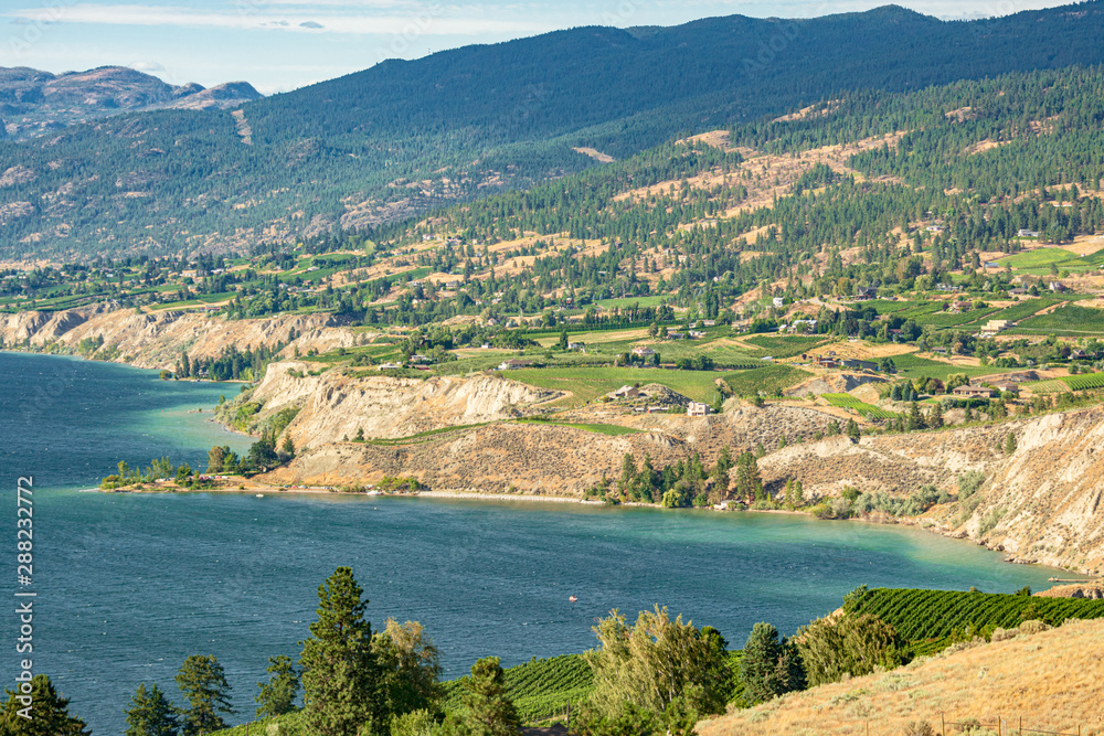 Magnificent view over Okanagan lake inlet with farms on the shore