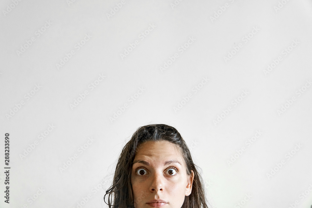 Surprised half of woman head portrait. Sale or offer posster. Lifestyle funny Surprised half of woman head portrait. Sale or offer posster. Lifestyle funny