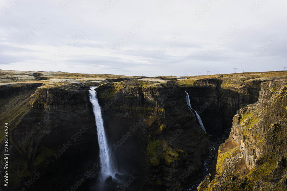 Haifoss double waterfall in Iceland at sunset Haifoss double waterfall in Iceland at sunset