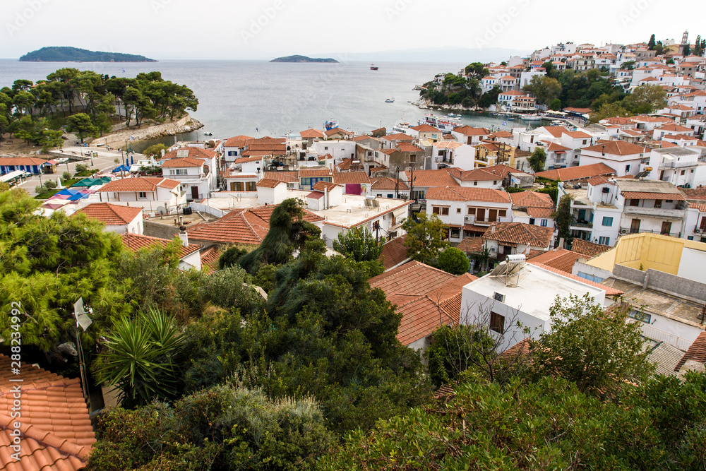 General view of the island town Skyathos, Greece