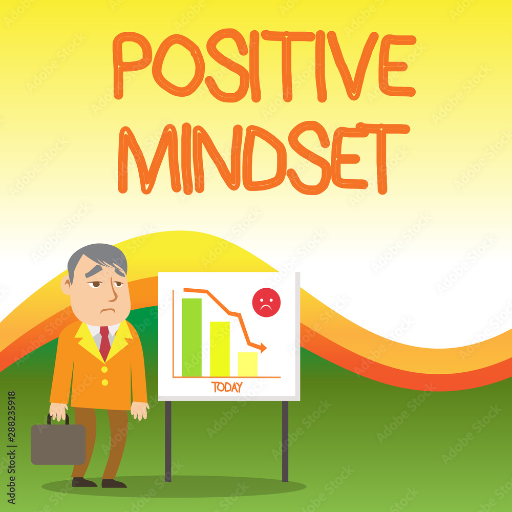 Text sign showing Positive Mindset. Business photo text mental attitude in wich you expect favorable results Businessman Clerk with Brief Case Standing Whiteboard Declining Bar Chart Text sign showing Positive Mindset. Business photo text mental attitude in wich you expect favorable results Businessman Clerk with Brief Case Standing Whiteboard Declining Bar Chart