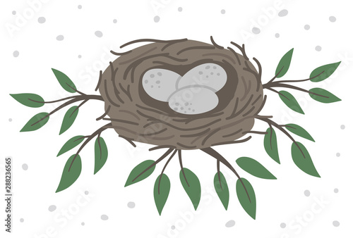 Vector hand drawn flat bird’s nest with eggs on the tree branches with green leaves. Cute forest ornithological illustration for children’s design, print, stationery.