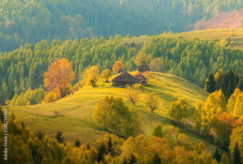 Transylvania Autumn landscape at sunrise - Romanian traditional house on a hill in the forest