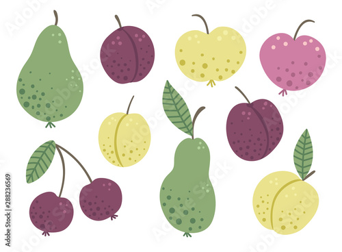 Vector set of funny hand drawn flat garden fruits and berries. Colored apple, pear, plum, peach, cherry isolated on white background. Harvest themed picture for children’s design..
