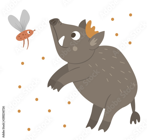 Vector hand drawn flat boar with an insect. Funny woodland animal. Cute forest pig illustration for children’s design, print, stationery.