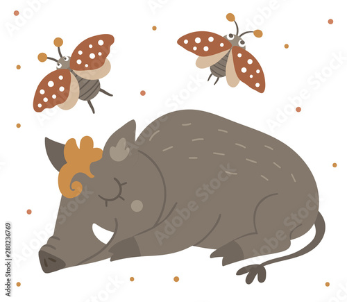 Vector hand drawn flat sleeping boar with an insect. Funny woodland animal. Cute forest pig illustration for children’s design, print, stationery.
