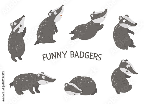 Photo Vector set of cartoon style hand drawn flat funny badgers in different poses