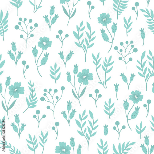 Vector blue floral seamless background. Hand drawn flat simple trendy illustration with flowers and leaves. Repeating pattern with meadow  garden  forest plants..