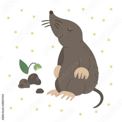 Vector hand drawn flat sitting mole. Funny woodland animal. Cute forest animalistic illustration for children’s design, print, stationery.