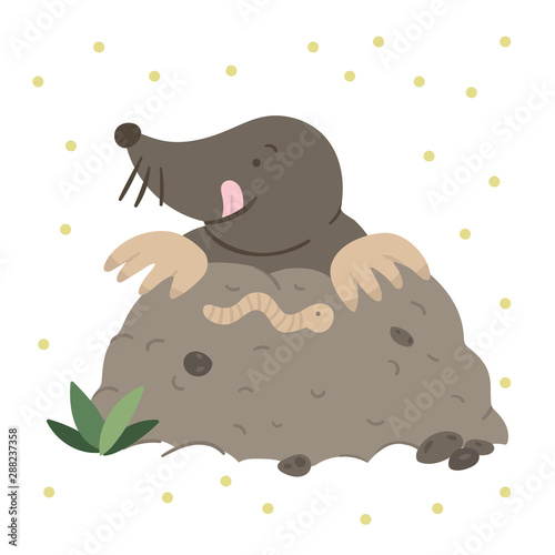 Vector hand drawn flat mole eating a worm. Funny woodland animal. Cute forest animalistic illustration for children’s design, print, stationery.
