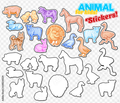 Farm animals set in sketch style on colorful stickers. Isolated on transparent background. Can be used for cute kids coloring book or game. Include silhouette for paper cutting horse, turkey,cow