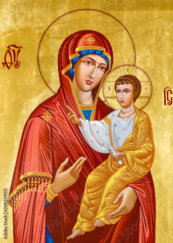 Secovska Polianka, Slovakia. 2019/8/22. The icon of the Virgin Hodegetria (Our Lady of the Way). Part of the Iconostasis in the Greek Catholic church of Saint Elijah. 