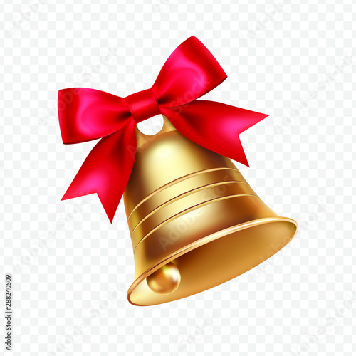 Golden metal bell with red bow isolated on a transparent background, Christmas symbol, school bell, vintage bell. 3D effect. Vector illustration. EPS10