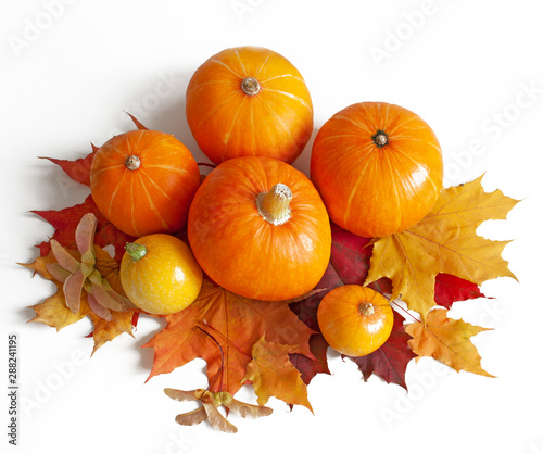 Pumpkins and Autumn Leaves. Autumn decor. Flatlay. View from above