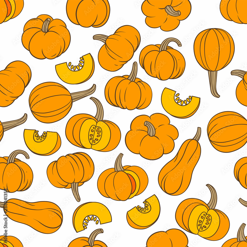 Various orange vintage pumpkins on white background seamless pattern