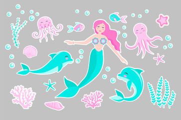 Keuken achterwand Zeemeermin Schattige stickers met zeemeermin en octopus  © Viktoriia Patapova 