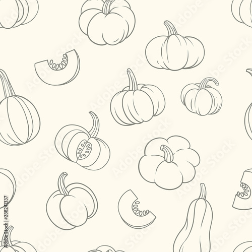 Pumpkins vintage grey outline on cream background seamless pattern