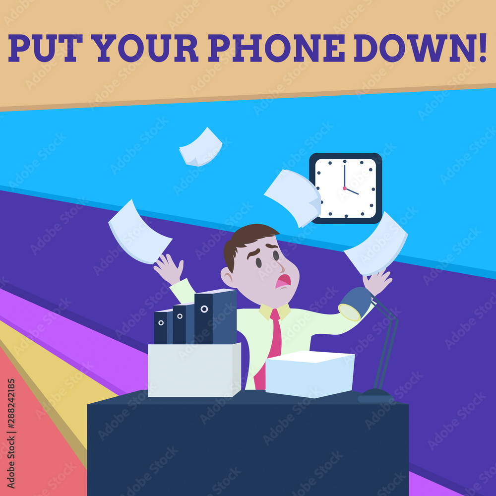 Handwriting text Put Your Phone Down. Conceptual photo end telephone connection saying goodbye caller Confused Male Employee Manager Cluttered Workspace Overflow Time Shortage Handwriting text Put Your Phone Down. Conceptual photo end telephone connection saying goodbye caller Confused Male Employee Manager Cluttered Workspace Overflow Time Shortage