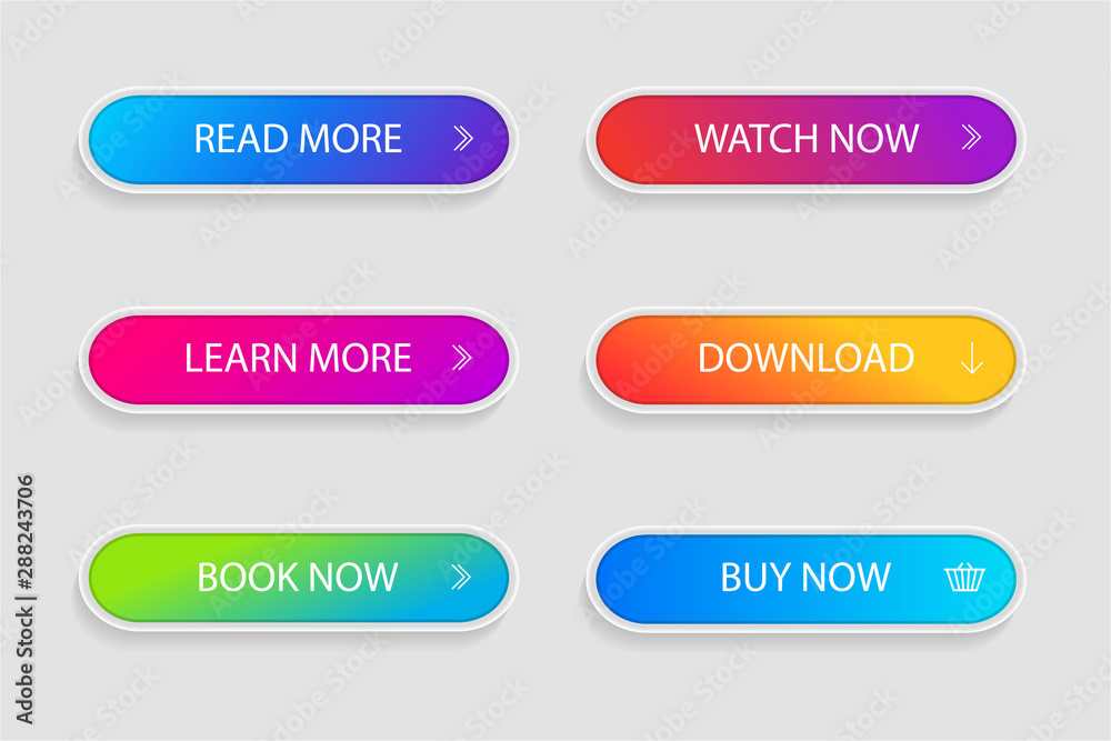 Set of trendy action button for web, mobile app.Template gradient navigation button menu.Gradient icon for shop, game, banner.Button collection. vector illustration Set of trendy action button for web, mobile app.Template gradient navigation button menu.Gradient icon for shop, game, banner.Button collection. vector illustration