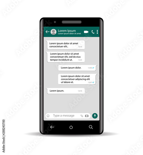 Mobile screen with chat message.Bubble chat interface in smartphone.Mobile template on isolated background.Icon phone. vector illustration photo