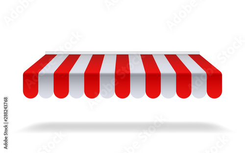 Red and white sunshade for marketplace or shop. Open awning with striped canvas for circus or store.Red canopy for cafe on isolated background. vector photo