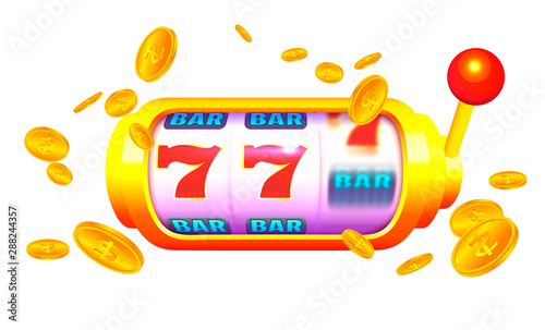 Spin and Win Slot Machine with Coins Isolated on White Background