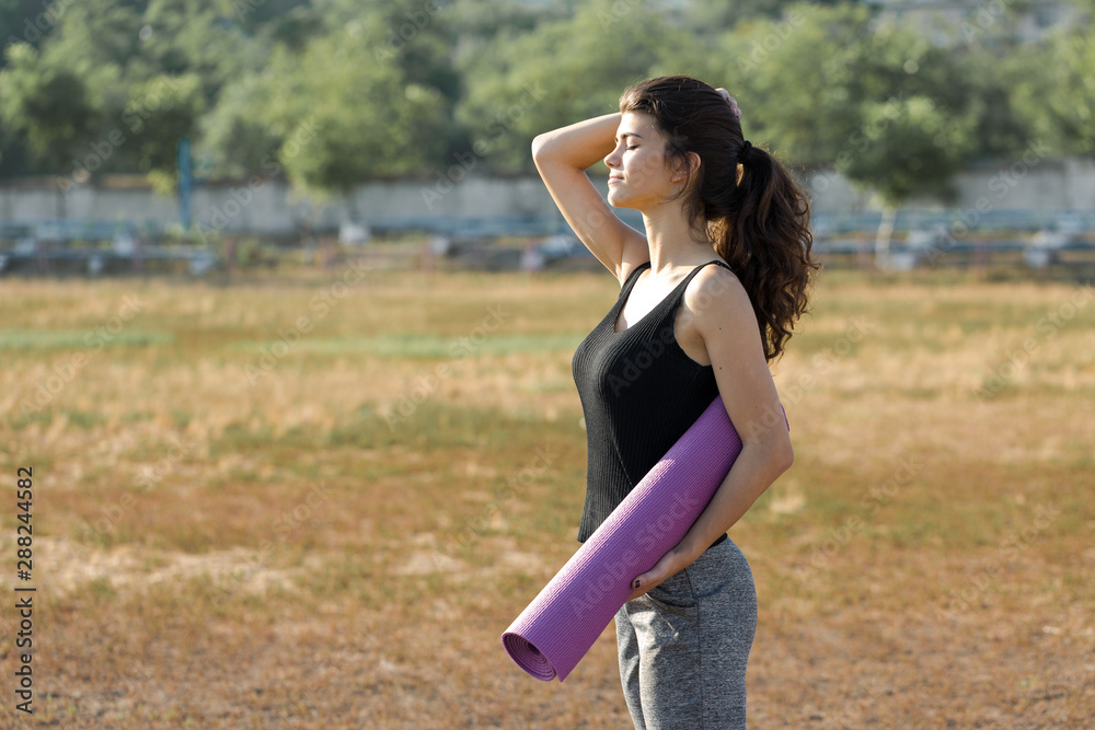 A young slim athletic girl in sportswear with snakeskin prints performs a set of exercises. Fitness and healthy lifestyle. A young slim athletic girl in sportswear with snakeskin prints performs a set of exercises. Fitness and healthy lifestyle.