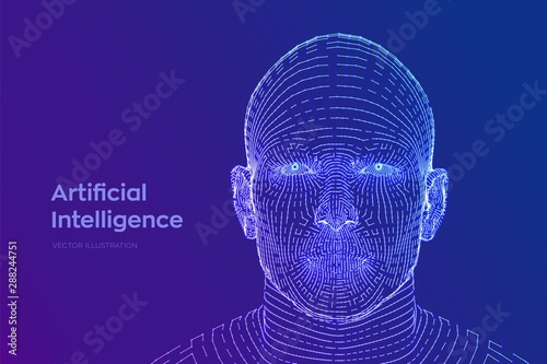AI. Artificial intelligence concept. Ai digital brain. Abstract digital human face. Human head in robot digital computer interpretation. Robotics concept. Wireframe head concept. Vector illustration.