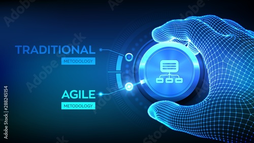 Agile software development methodology concept. Wireframe hand turning a knob and selecting Agile mode. Digital technology, big data concept. Flexible developing process. Vector illustration. photo
