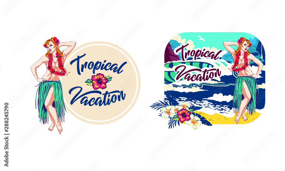 Concept of retro woman woman dancing in Hawaiian dress. Vintage hula girl dancing on the beach