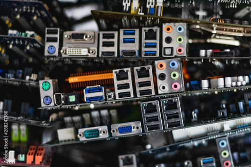 Closeup shot of computer mainboards laying on top of each other