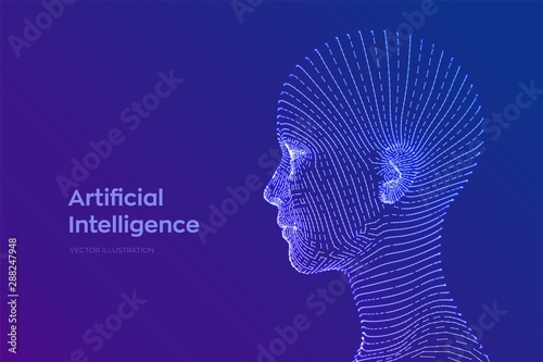AI. Artificial intelligence concept. Ai digital brain. Abstract digital human face. Human head in robot digital computer interpretation. Robotics concept. Wireframe head concept. Vector illustration.