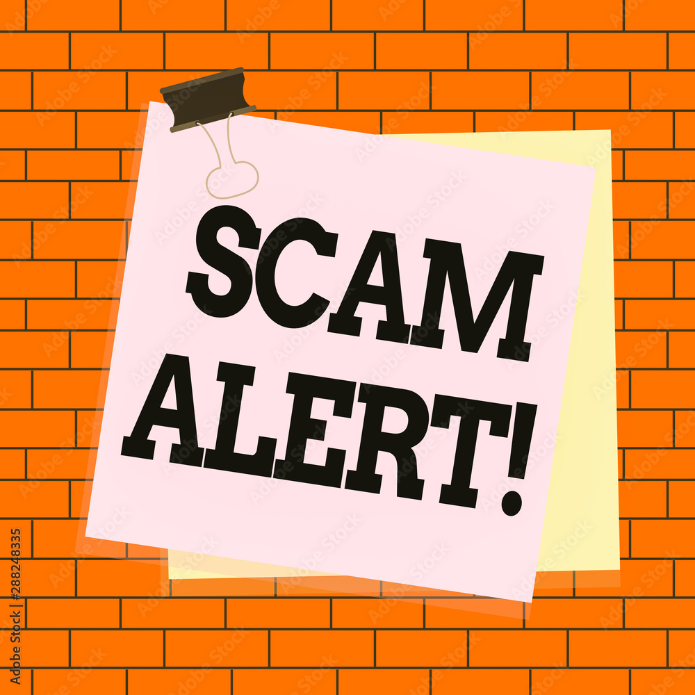 Obraz premium Text sign showing Scam Alert. Business photo text fraudulently obtain money from victim by persuading him Paper stuck binder clip colorful background reminder memo office supply