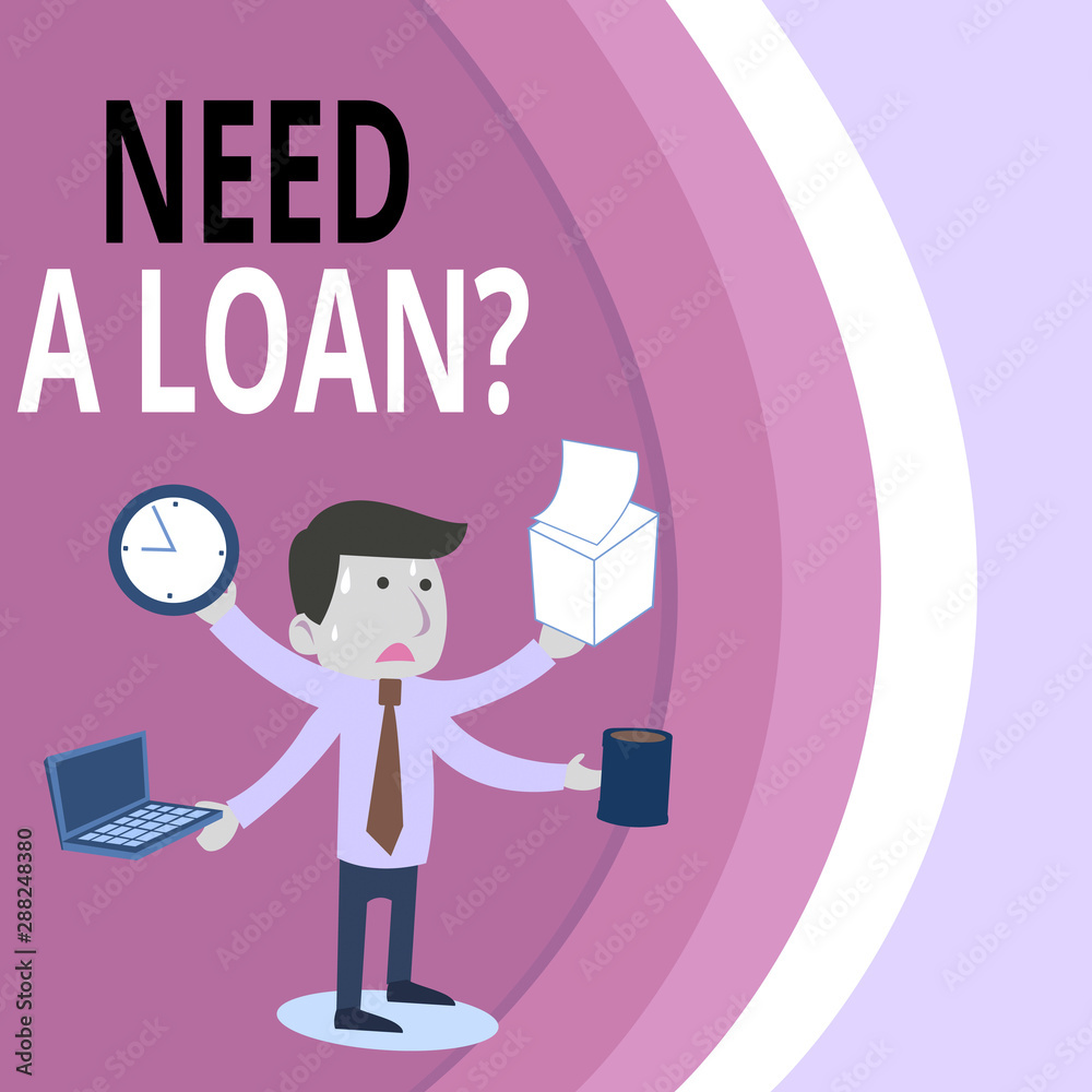 Writing note showing Need A Loan Question. Business concept for asking he need money expected paid back with interest Stressed Male Employee Manager Multitasking Meet Deadline Writing note showing Need A Loan Question. Business concept for asking he need money expected paid back with interest Stressed Male Employee Manager Multitasking Meet Deadline