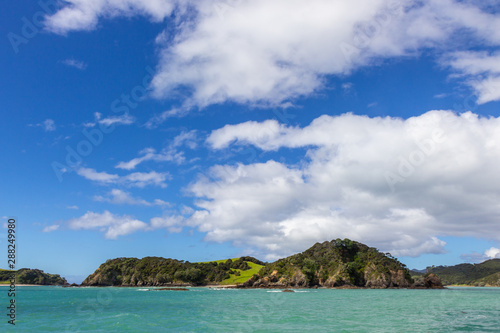 view from boat of Bay of Islands, New Zealand