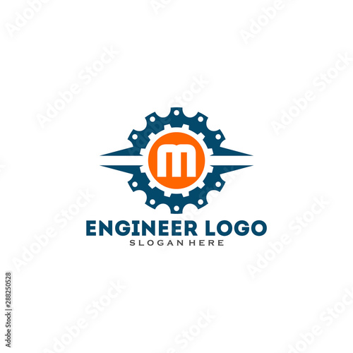 Initial letter M logo with Gears sign. Gear Vector Template.