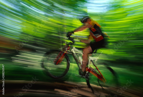 Young man mountain biking in a forest, Stowe, VT, USA