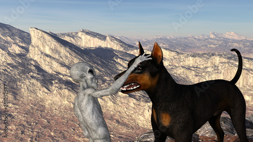3d Illustration of an alien petting a huge dog