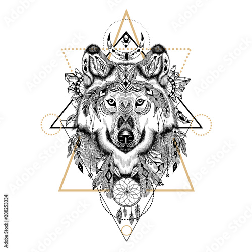 Hand drawn detailed wolf in aztec style