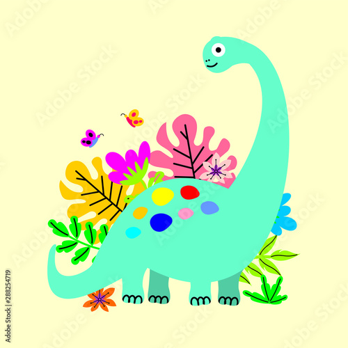Fototapeta Naklejka Na Ścianę i Meble -  Cute Cartoon Dinosaur Background Pattern Stock Vector