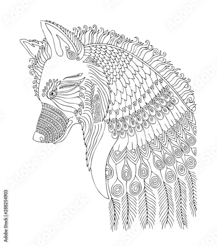 Wolf head. Hand drawn picture. Sketch for antistress adult coloring book. Vector illustration  for coloring page, isolated on white background. Template for poster, t-shirt or tattoo.