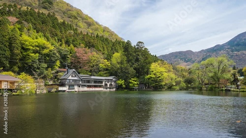 Yufu Onsen town with view of Kinrinko in Oita, Japan.