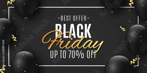 Black Friday banner. Black balloons and gold confetti and serpentine. Stylish lettering in frame. Seasonal shopping. Grand sale. Vector illustration