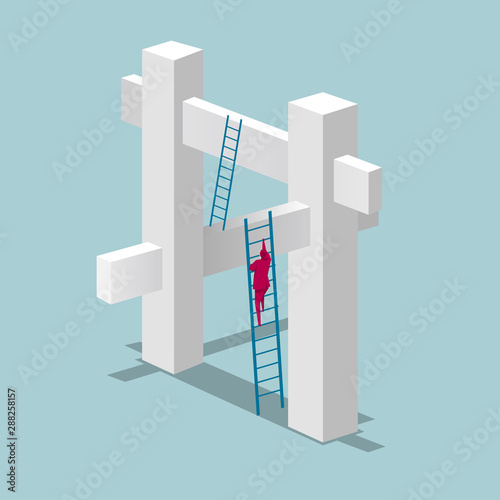 Business concept. Wrong building structure. Isolated on blue background.