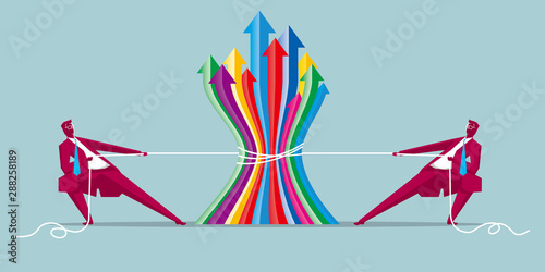 Two businessmen tug of war. Isolated on blue background.