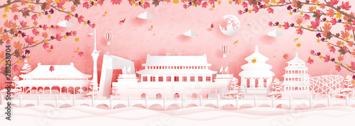 Autumn in Beijing, China with falling maple leaves and world famous landmarks in paper cut style vector illustration
