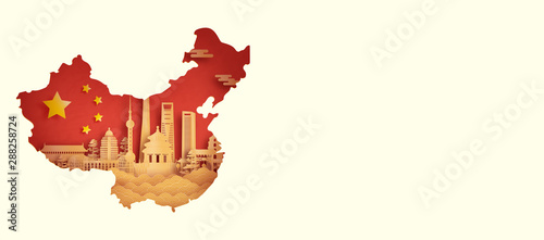 China flag with world famous landmarks Shanghai in paper cut style vector illustration