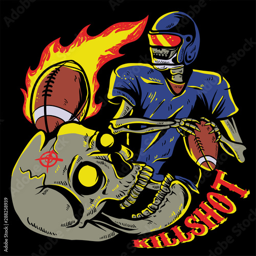 Skull playing american football. Skull get hit by ball. Killshot fire ball vector illustration for t-shirt design, sticker, or poster