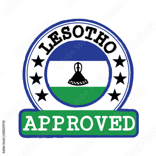 Vector Stamp of Approved logo with Lesotho Flag in the round shape on the center.